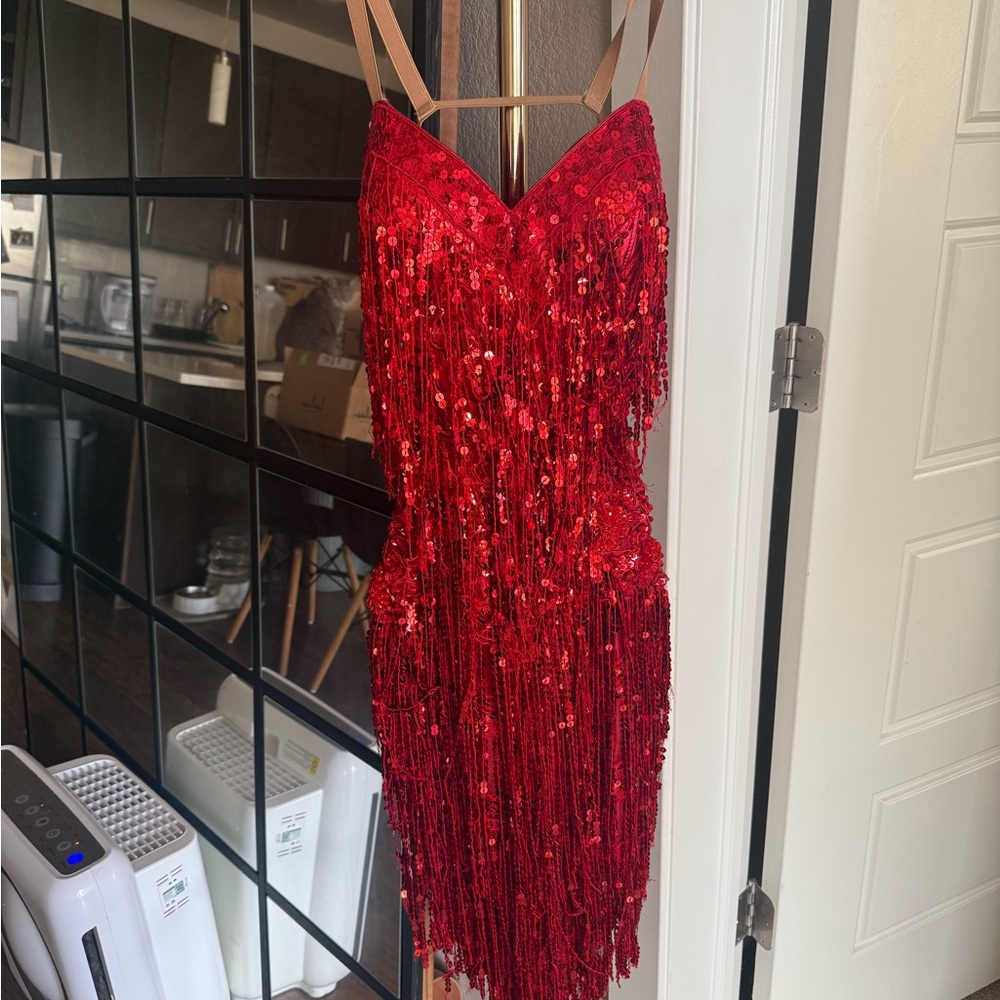 Charismatico Latin Salsa Rhythm Ballroom Dress Red Fringe Sequin